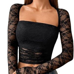 Y2K Black Lace Mesh Crop Top Sheer Ruched Slim Fit Crop Top Festival Club Wear